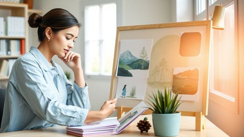 Una mujer organiza con cuidado una mood board