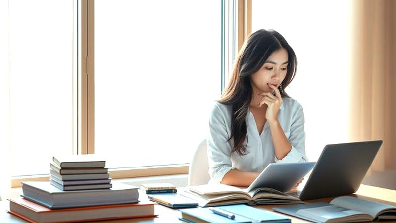 Mujer estudia tranquilo en entorno armonioso