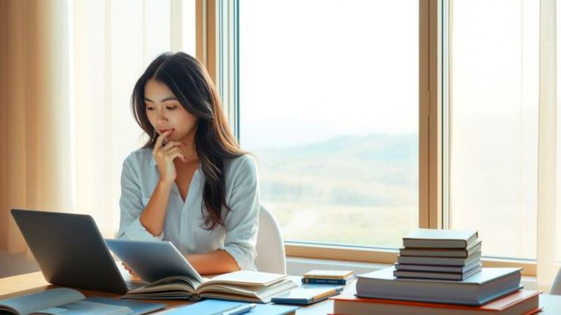 Mujer estudia tranquilo en entorno armonioso